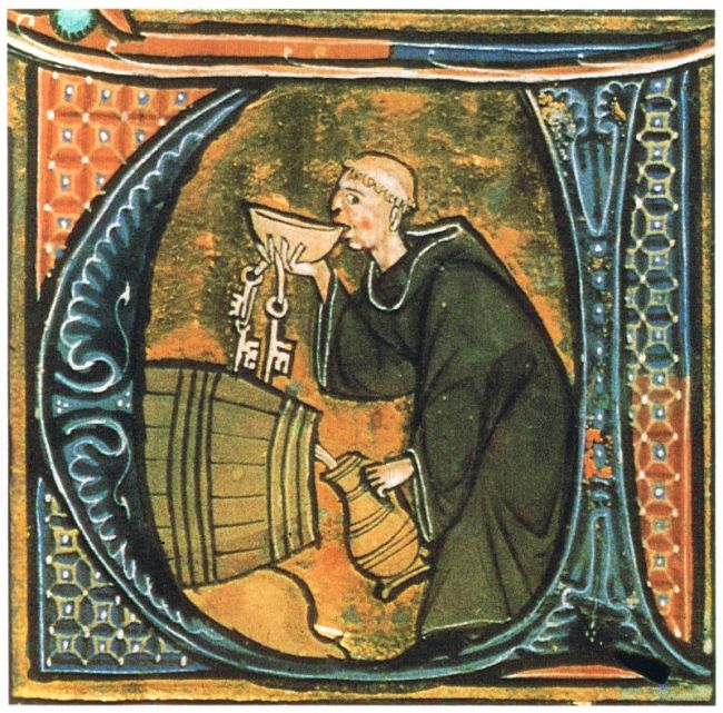 Ein Mönch kostet den Wein.