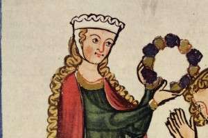 Eine Frau mit einem Gebende (Kopfbedeckung) - Darstellung aus dem Codex Manesse