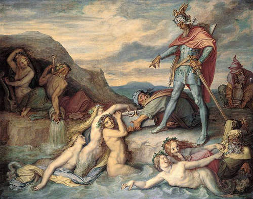 Hagen versenkt den Nibelungenhort im Rhein (Peter von Cornelius, 19. Jahrhundert)
